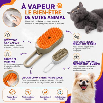 Éliminez les Poils Facilement | Brosse Vapeur 3-en-1 pour Chien et Chat
