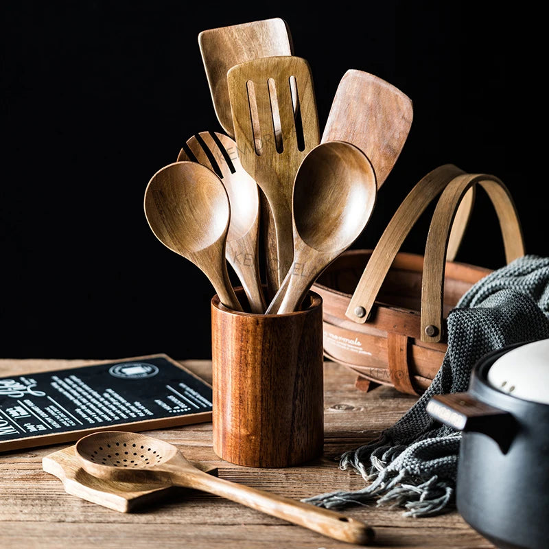 Set de 9 ustensiles en bois de teck