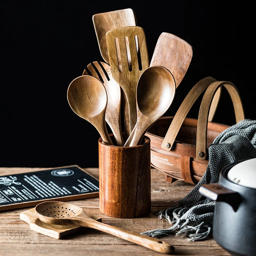 Set de 9 ustensiles en bois de teck