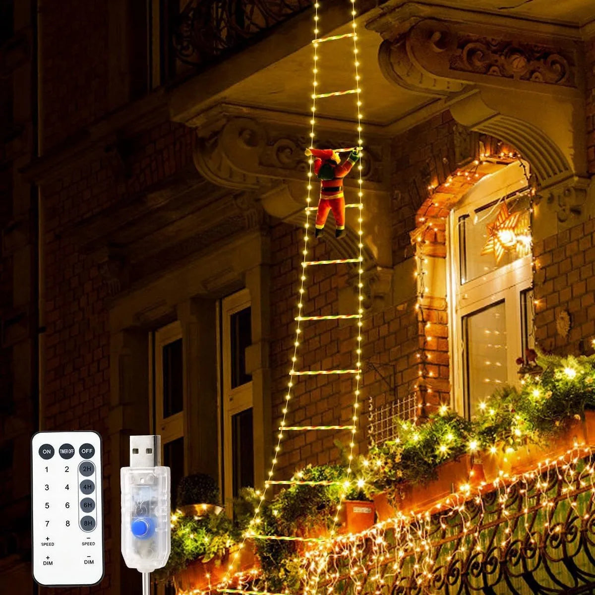 Père Noël lumineux sur échelle