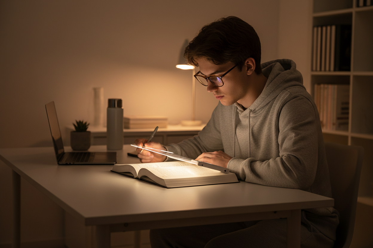 Estudante usando lâmpada LED