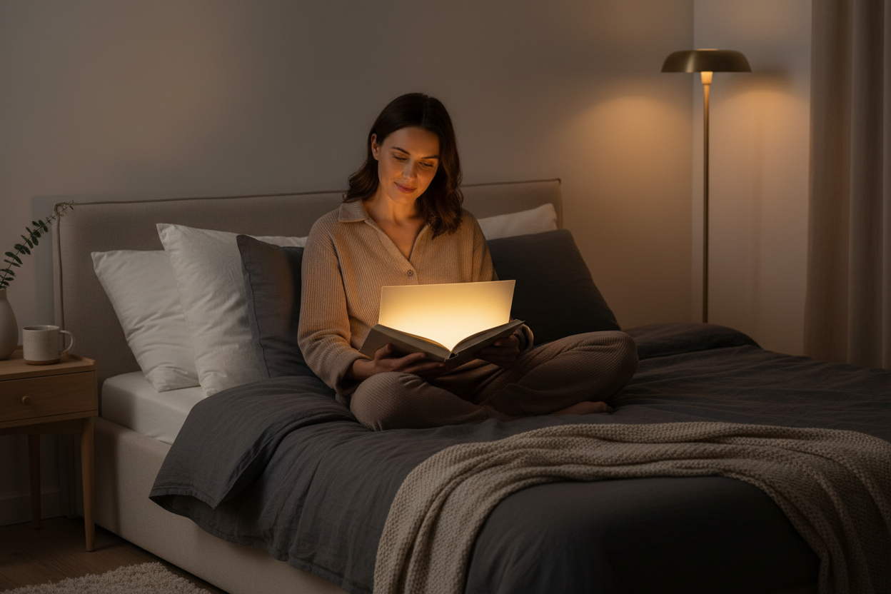 Mulher usando lampe de leitura LED plate