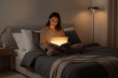 Mulher usando lampe de leitura LED plate